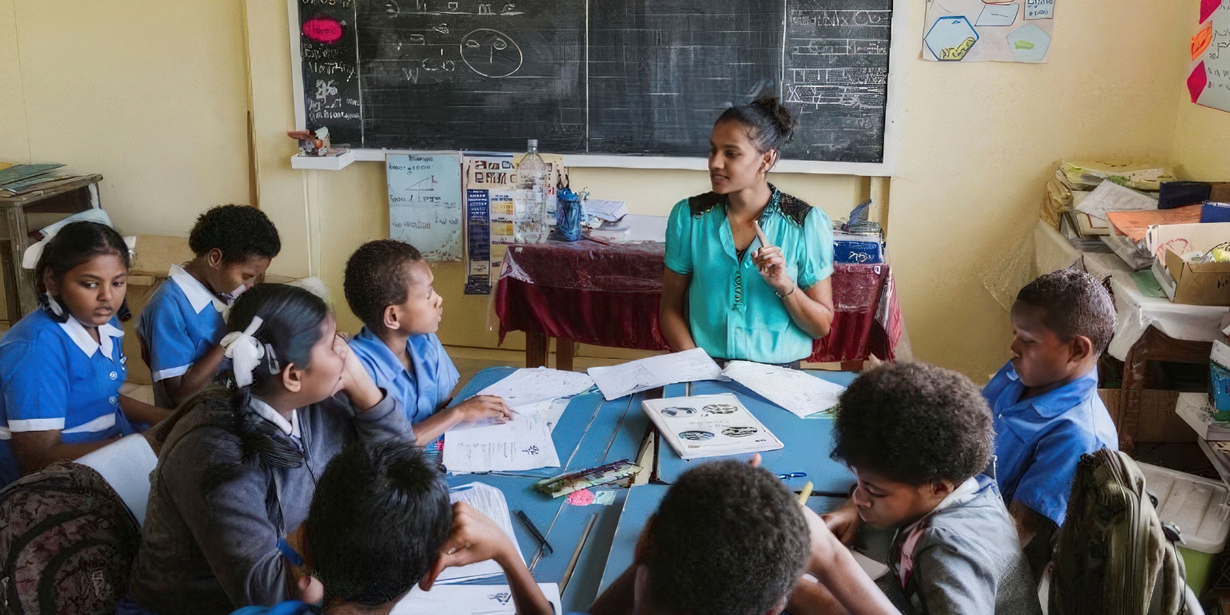 Asmita Kamal, 24, leads a revision class for end-of-term exams at Bayly Memorial School, Ra Province, Fiji. 2017. Credit: World Bank / Alana Holmberg